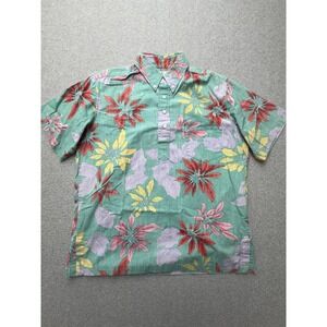 Reyn Spooner Shirt Mens Medium Green Floral Hawaiian Button Front Short Sleeve